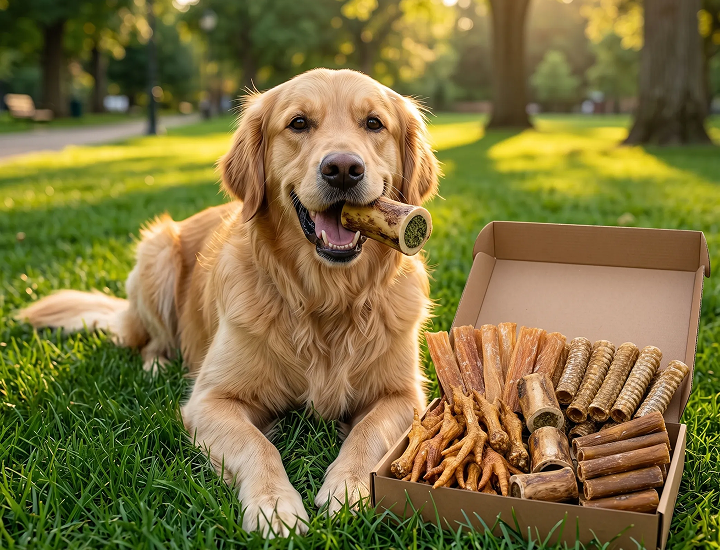 Happy golden retriever enjoying the outdoors with a joint care treat